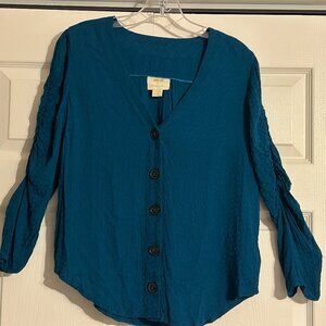 MAEVE By Anthropologie Sz 6 Teal Jourdain Knit Button Scrunch sleeve top/blouse